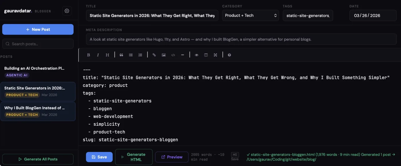 BlogGen visual editor showing Markdown input and live HTML preview